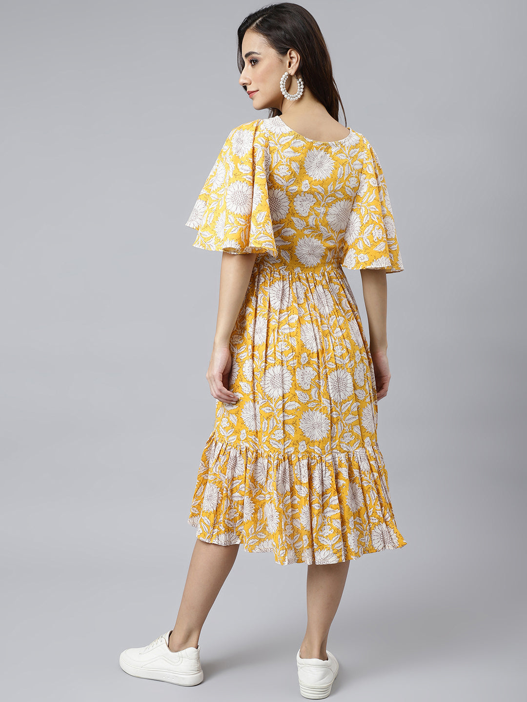 Women's Floral Printed Yellow Cotton Dress