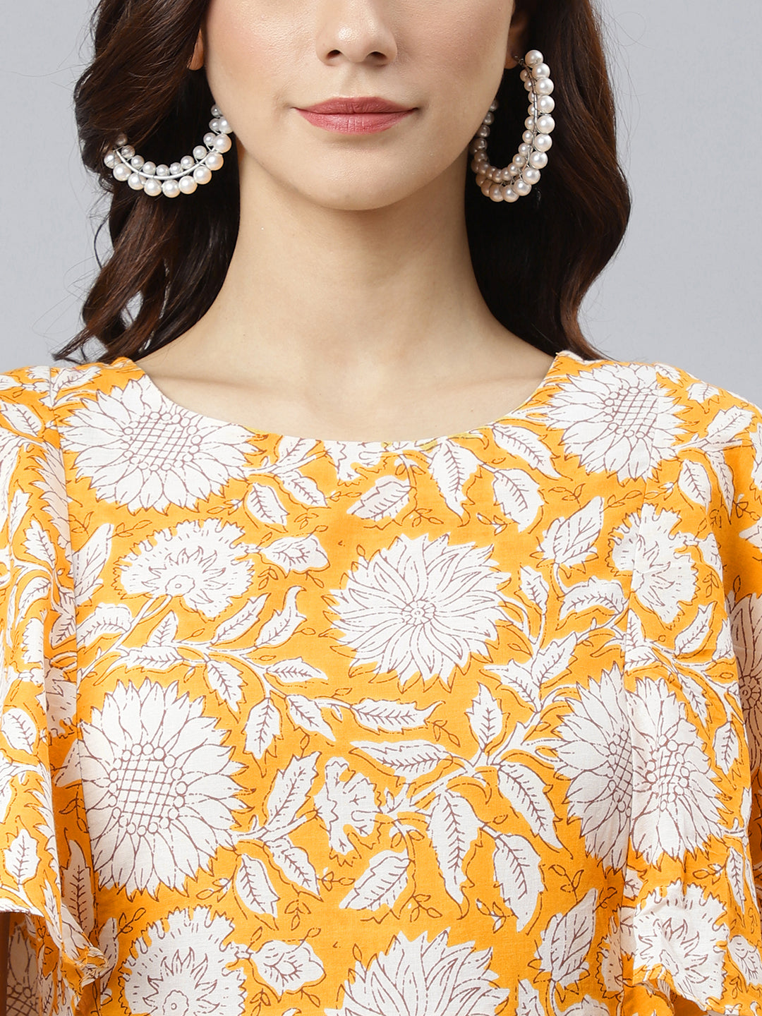 Women's Floral Printed Yellow Cotton Dress