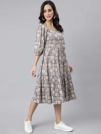 Women's Floral Printed Grey Cotton Dress