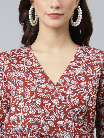 Women's Floral Printed Maroon Cotton Dress