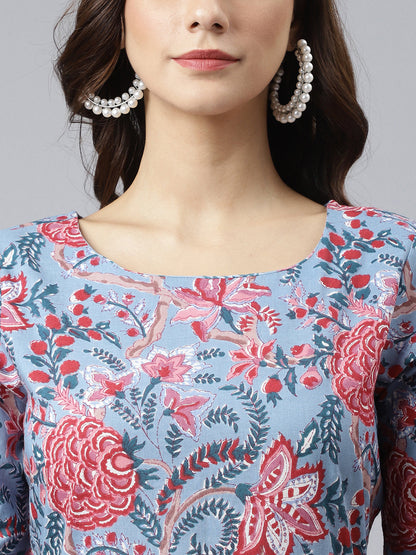 Women's Floral Printed Sky Blue Cotton Dress