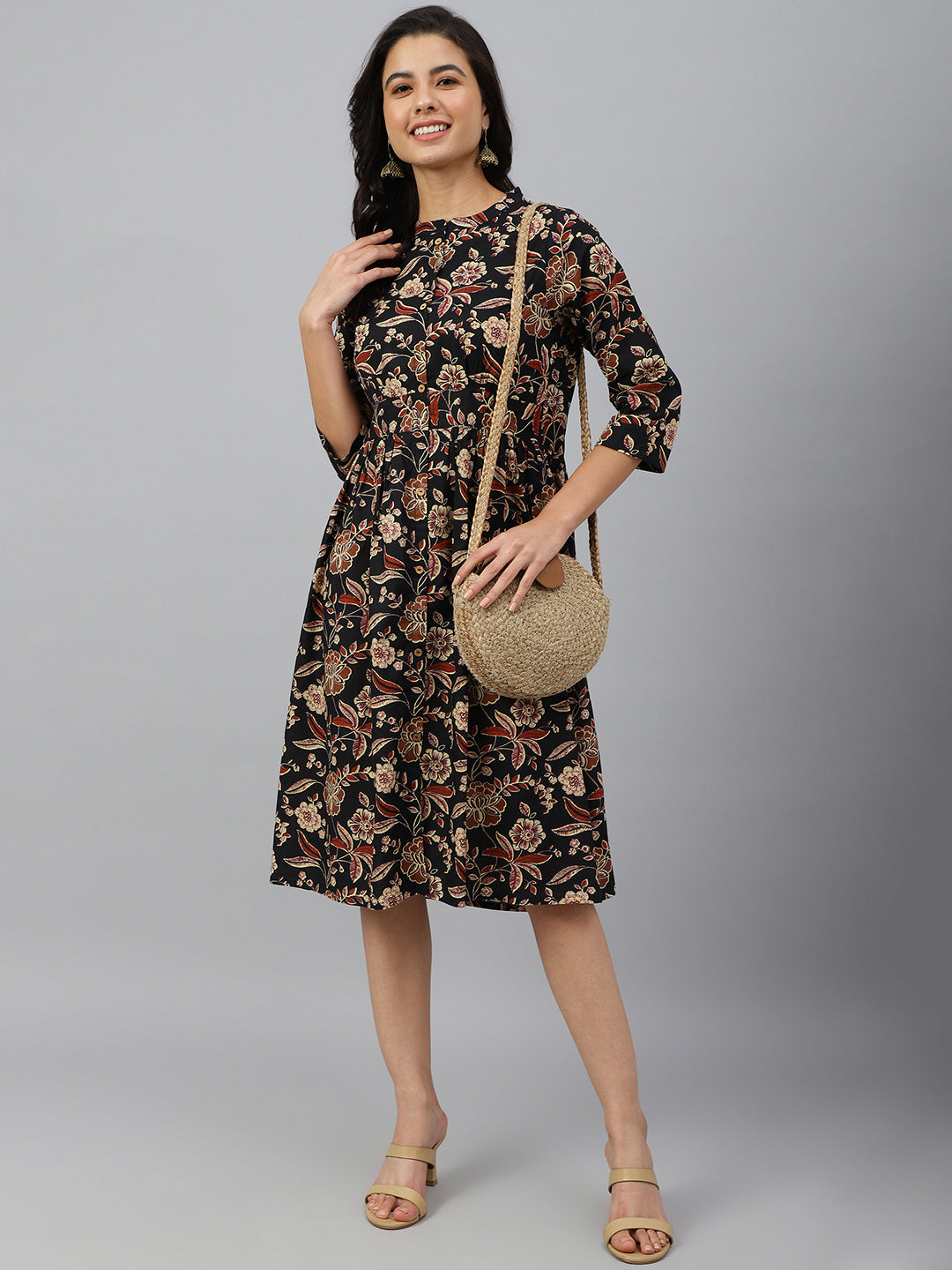 Women's Floral Printed Black Cotton Dress