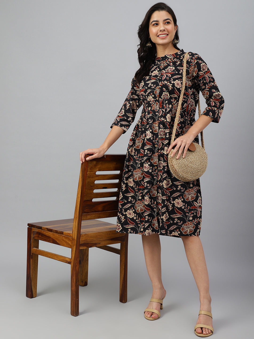Women's Floral Printed Black Cotton Dress