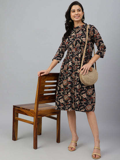 Women's Floral Printed Black Cotton Dress