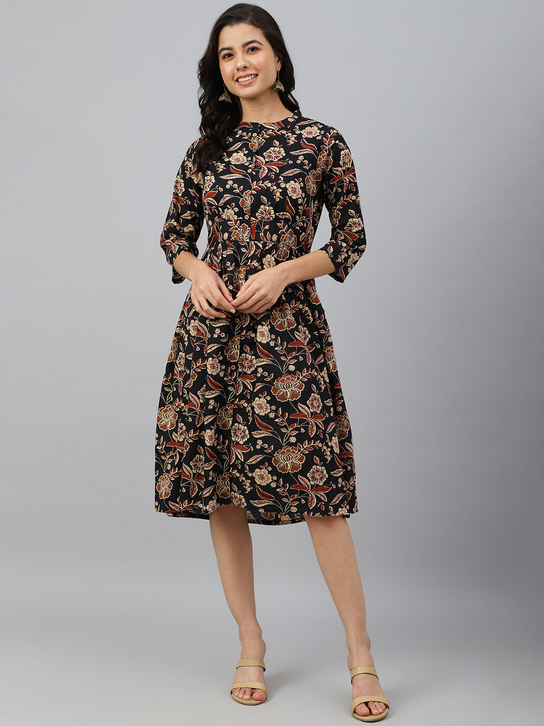 Women's Floral Printed Black Cotton Dress