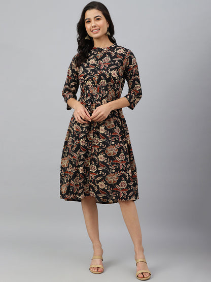 Women's Floral Printed Black Cotton Dress