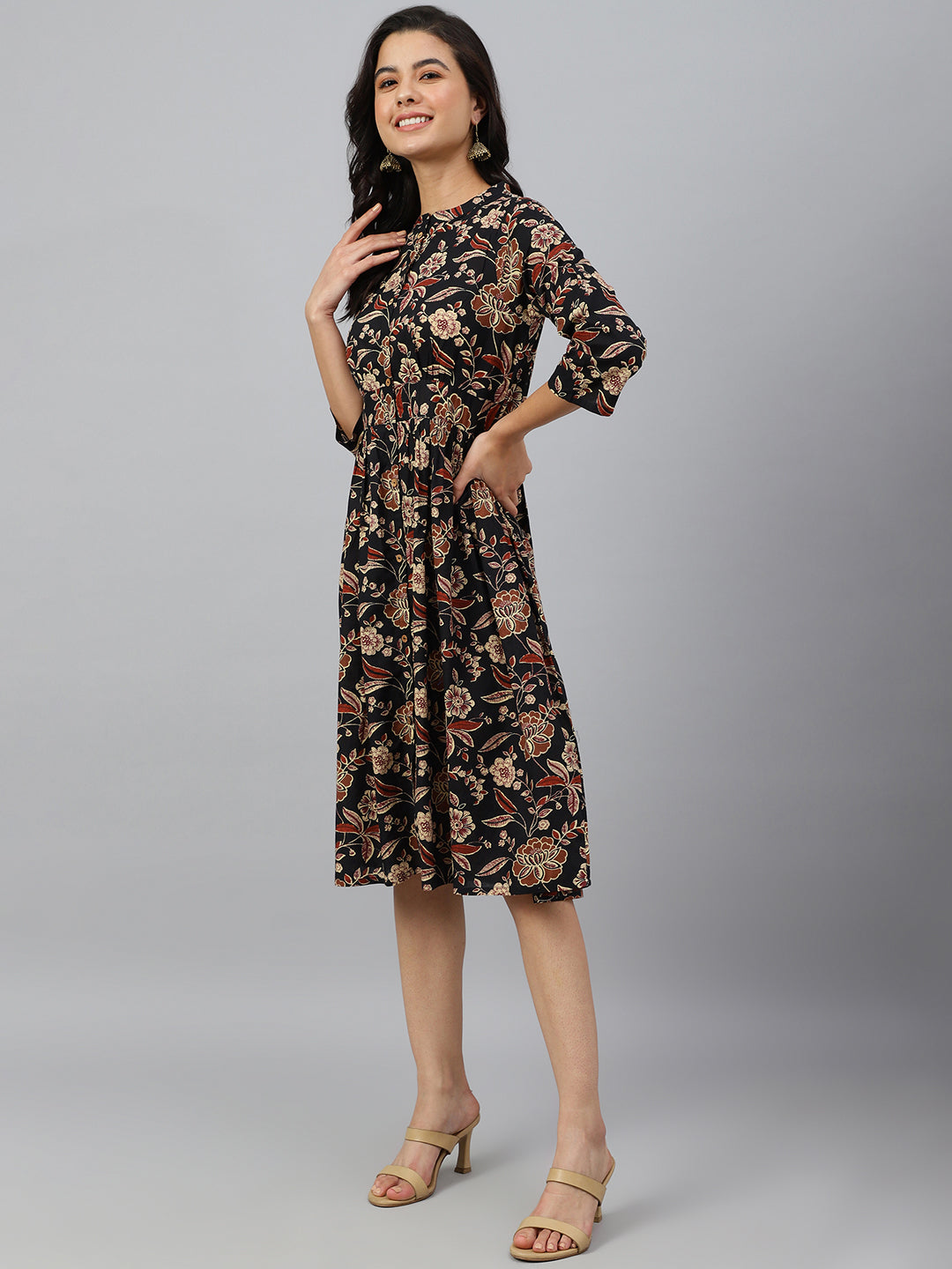 Women's Floral Printed Black Cotton Dress