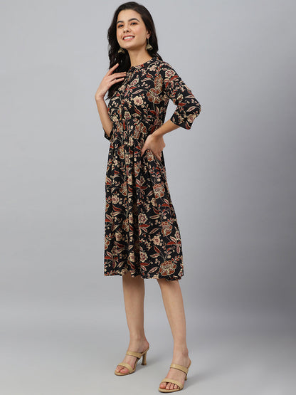 Women's Floral Printed Black Cotton Dress