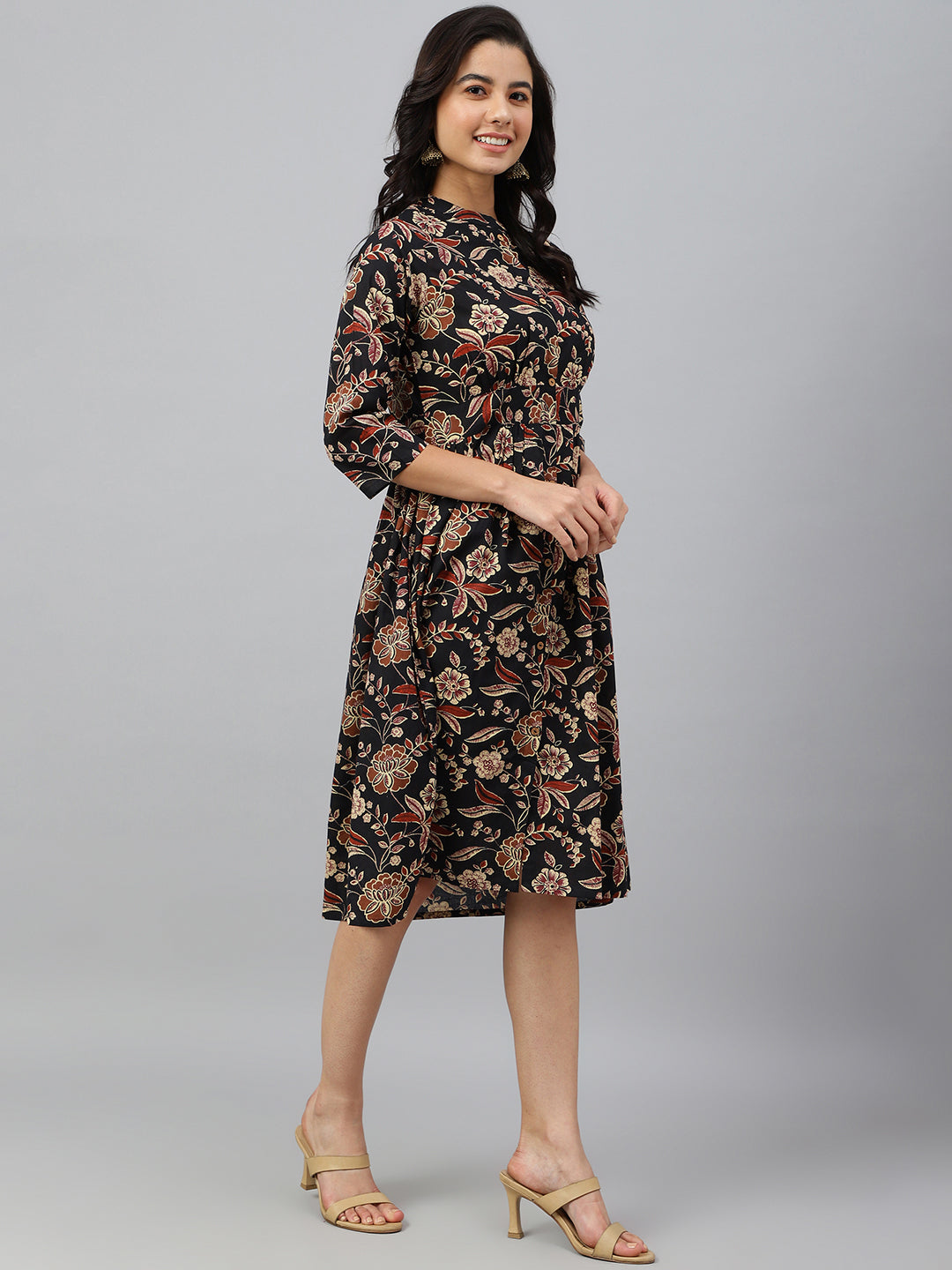 Women's Floral Printed Black Cotton Dress