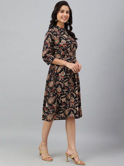 Women's Floral Printed Black Cotton Dress