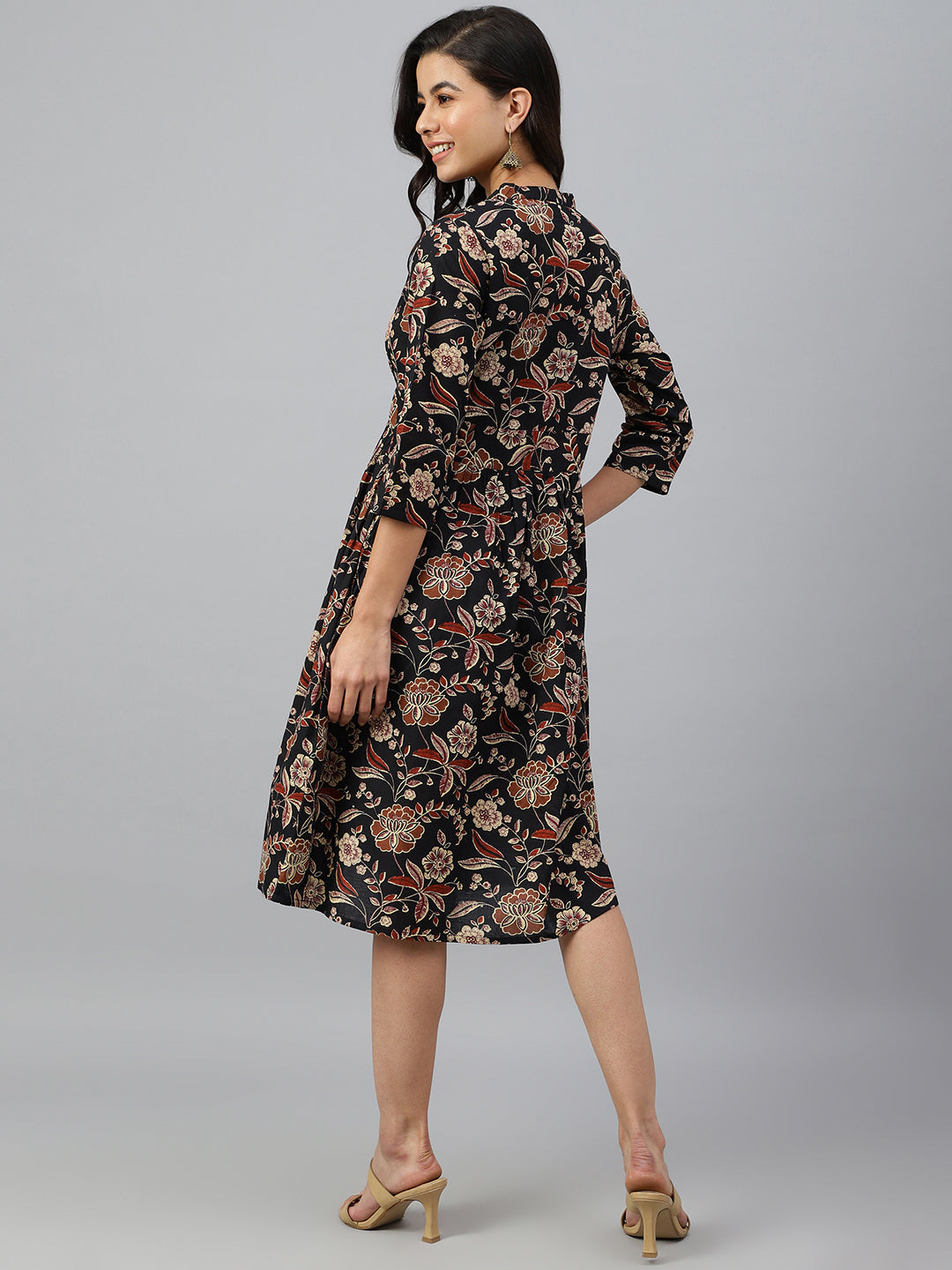 Women's Floral Printed Black Cotton Dress