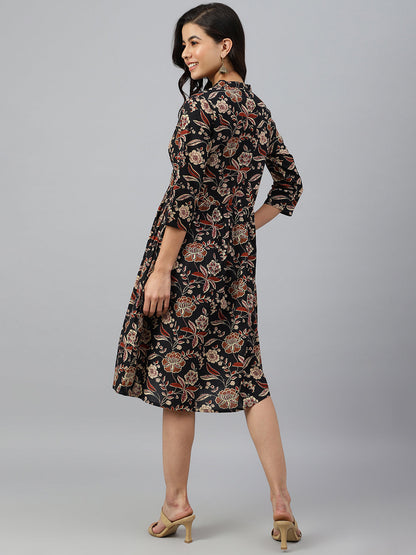 Women's Floral Printed Black Cotton Dress