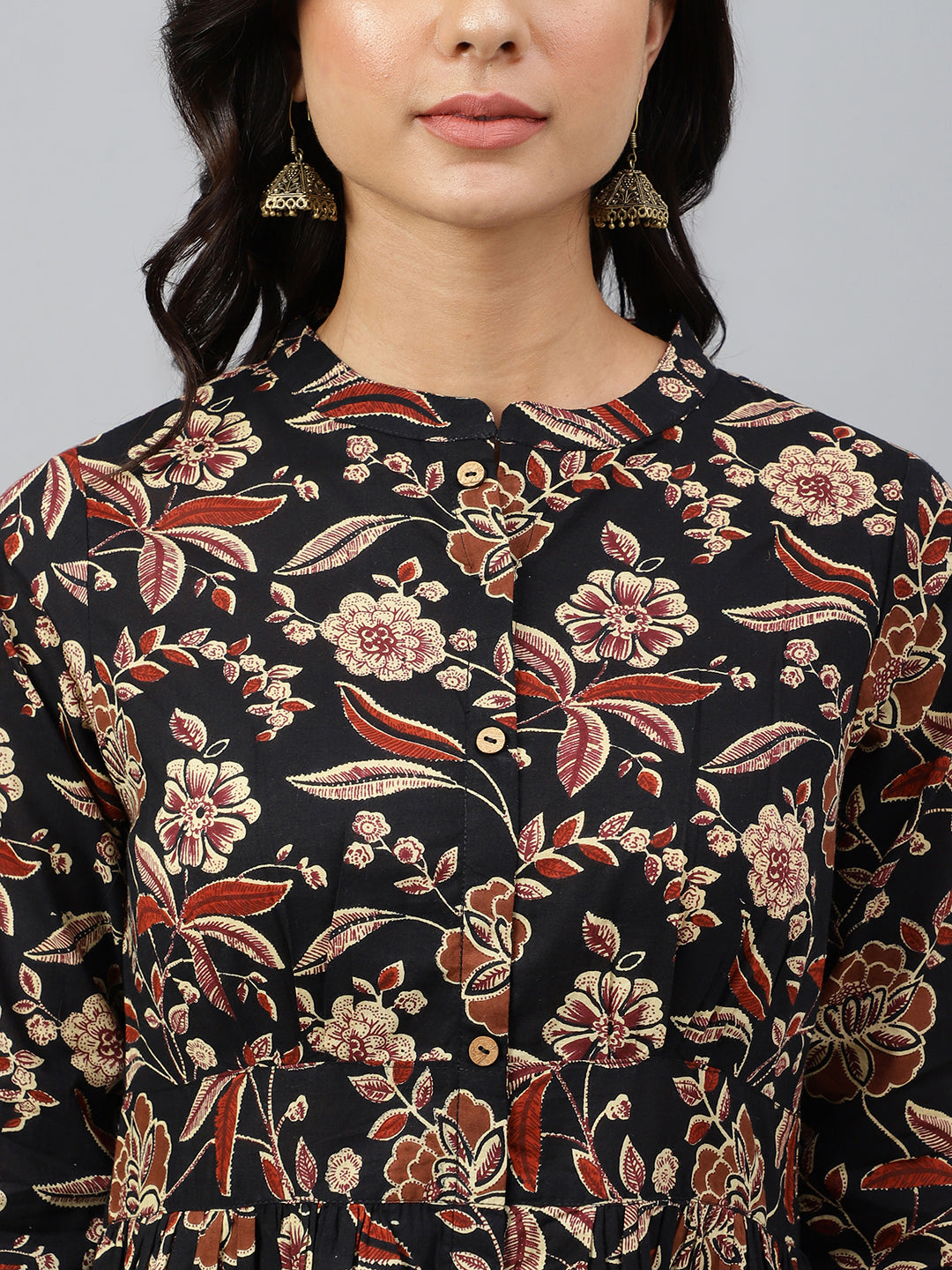 Women's Floral Printed Black Cotton Dress