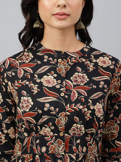 Women's Floral Printed Black Cotton Dress