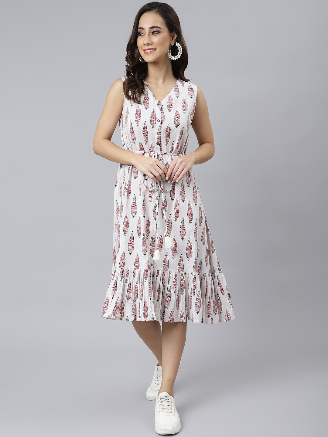 Women's Ethnic Motifs White Cotton Dress