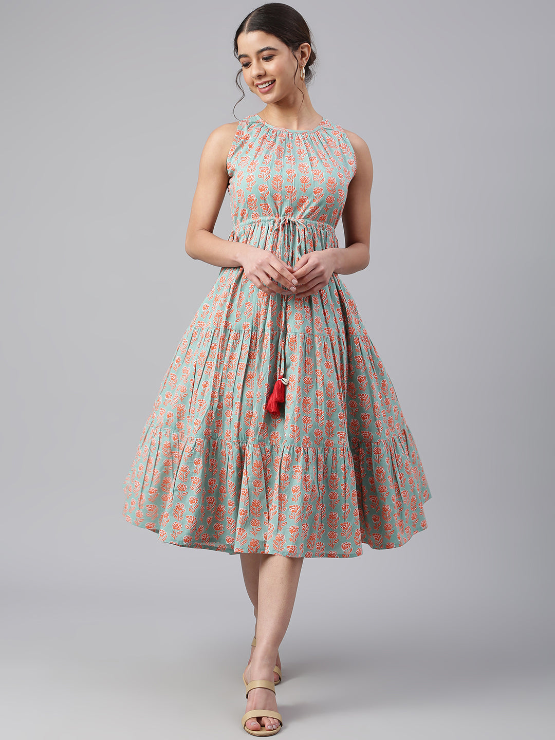 Women's Floral Printed Mint Green Cotton Dress