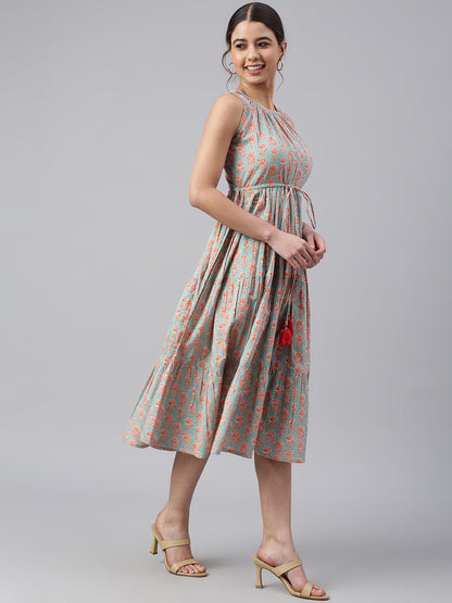 Women's Floral Printed Mint Green Cotton Dress