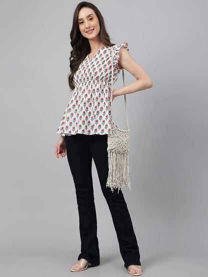 Women's Floral Print White Cotton Tops