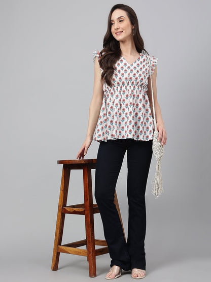 Women's Floral Print White Cotton Tops