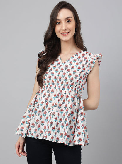 Women's Floral Print White Cotton Tops