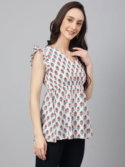 Women's Floral Print White Cotton Tops