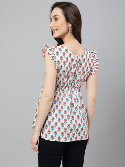 Women's Floral Print White Cotton Tops