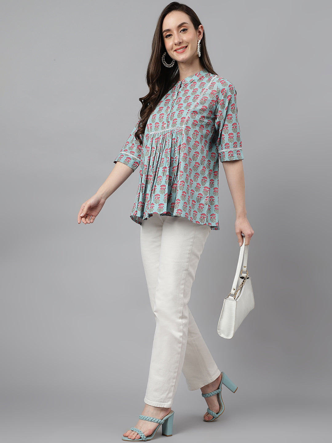 Women's Block Print Aqua Blue Cotton Tops