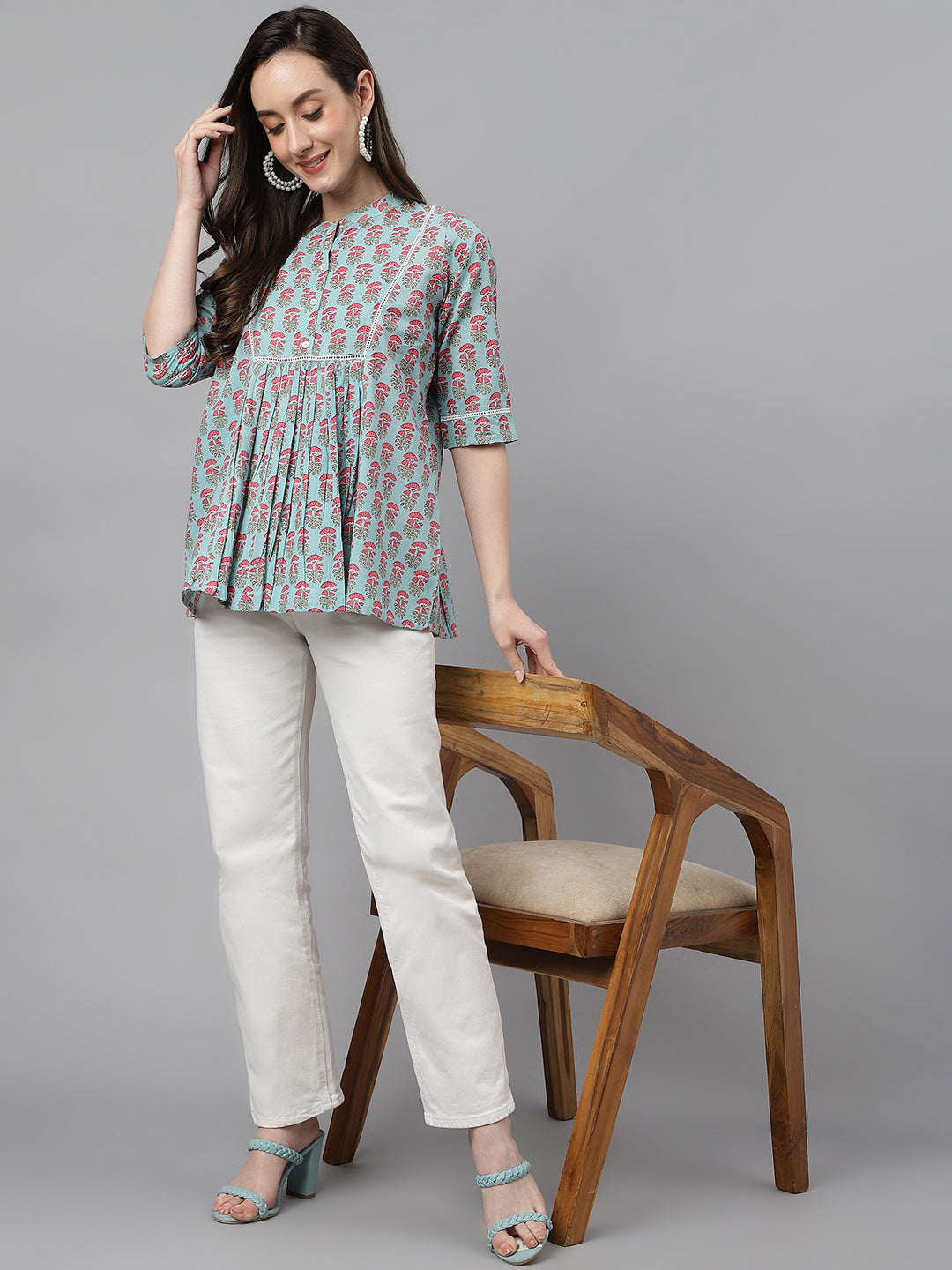Women's Block Print Aqua Blue Cotton Tops