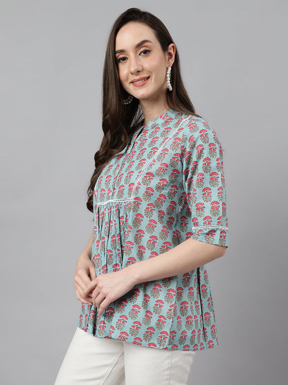 Women's Block Print Aqua Blue Cotton Tops