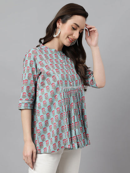 Women's Block Print Aqua Blue Cotton Tops