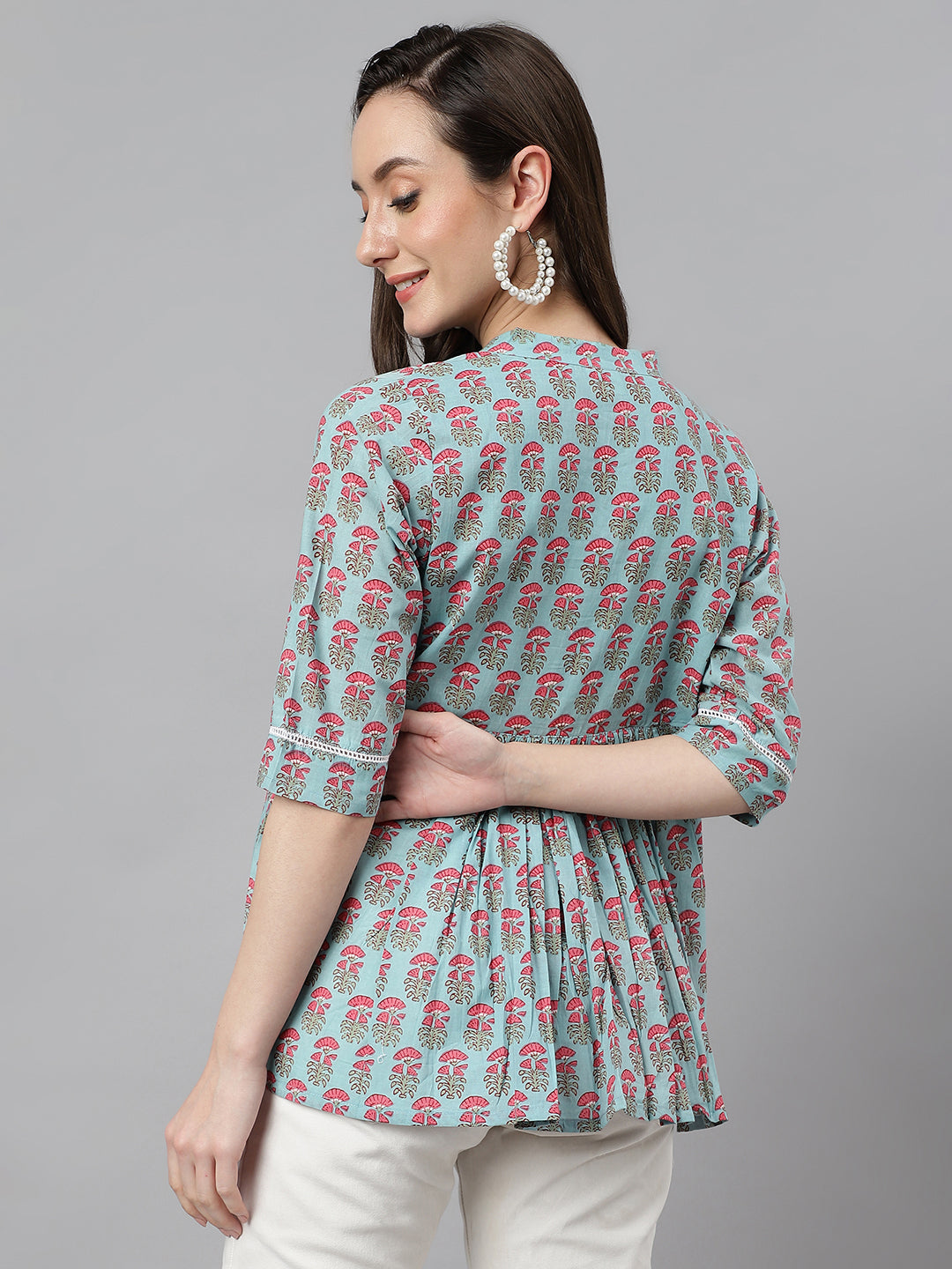 Women's Block Print Aqua Blue Cotton Tops