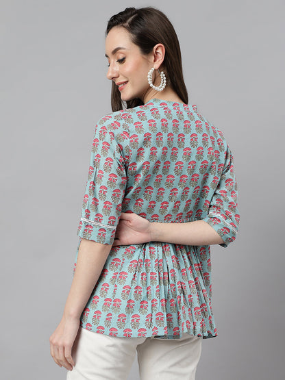 Women's Block Print Aqua Blue Cotton Tops
