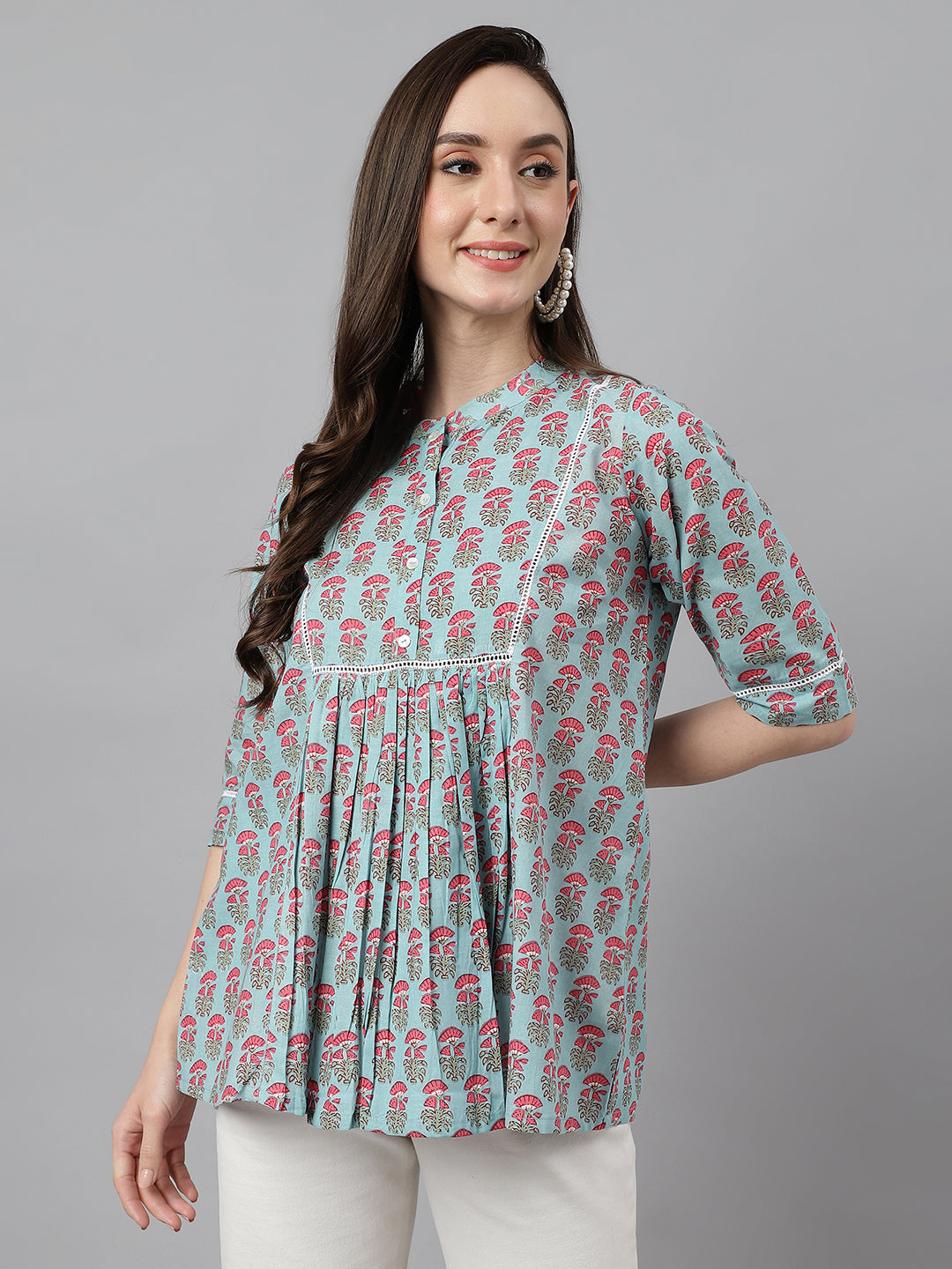 Women's Block Print Aqua Blue Cotton Tops