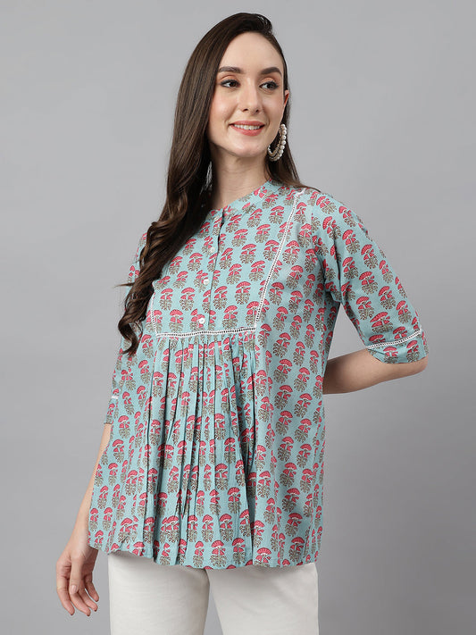 Women's Block Print Aqua Blue Cotton Tops