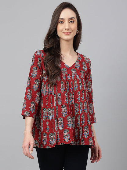 Women's Floral Block Print Maroon Cotton Tops
