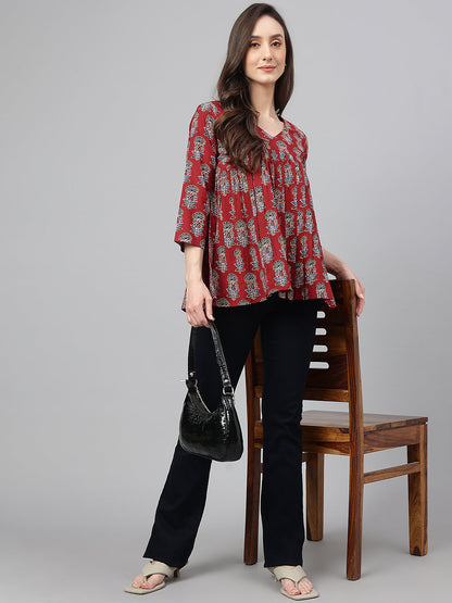 Women's Floral Block Print Maroon Cotton Tops