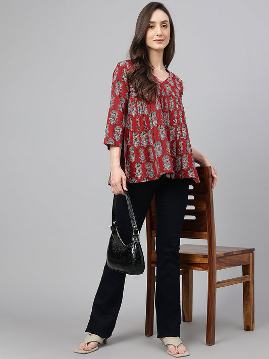 Women's Floral Block Print Maroon Cotton Tops