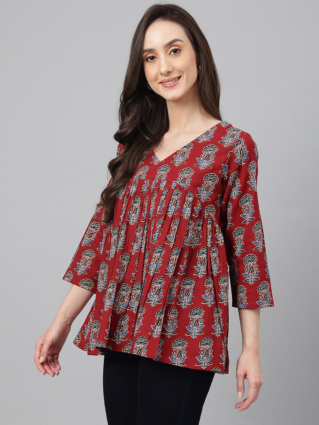 Women's Floral Block Print Maroon Cotton Tops
