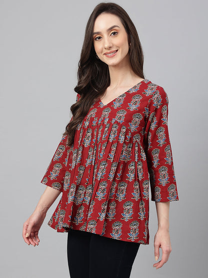 Women's Floral Block Print Maroon Cotton Tops