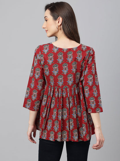 Women's Floral Block Print Maroon Cotton Tops