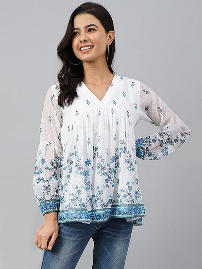 Women's Digital Print White Georgette Tops