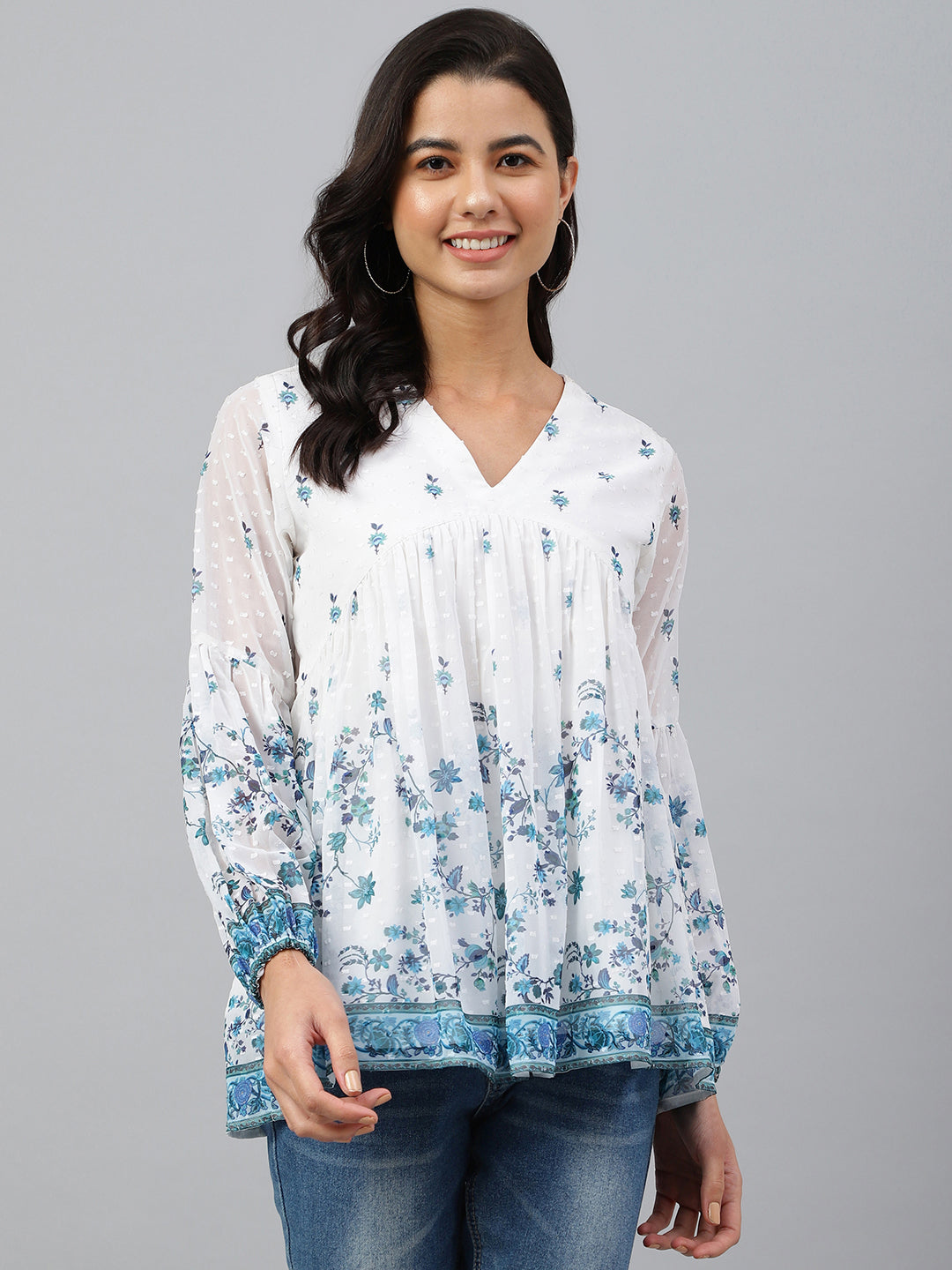 Women's Digital Print White Georgette Tops
