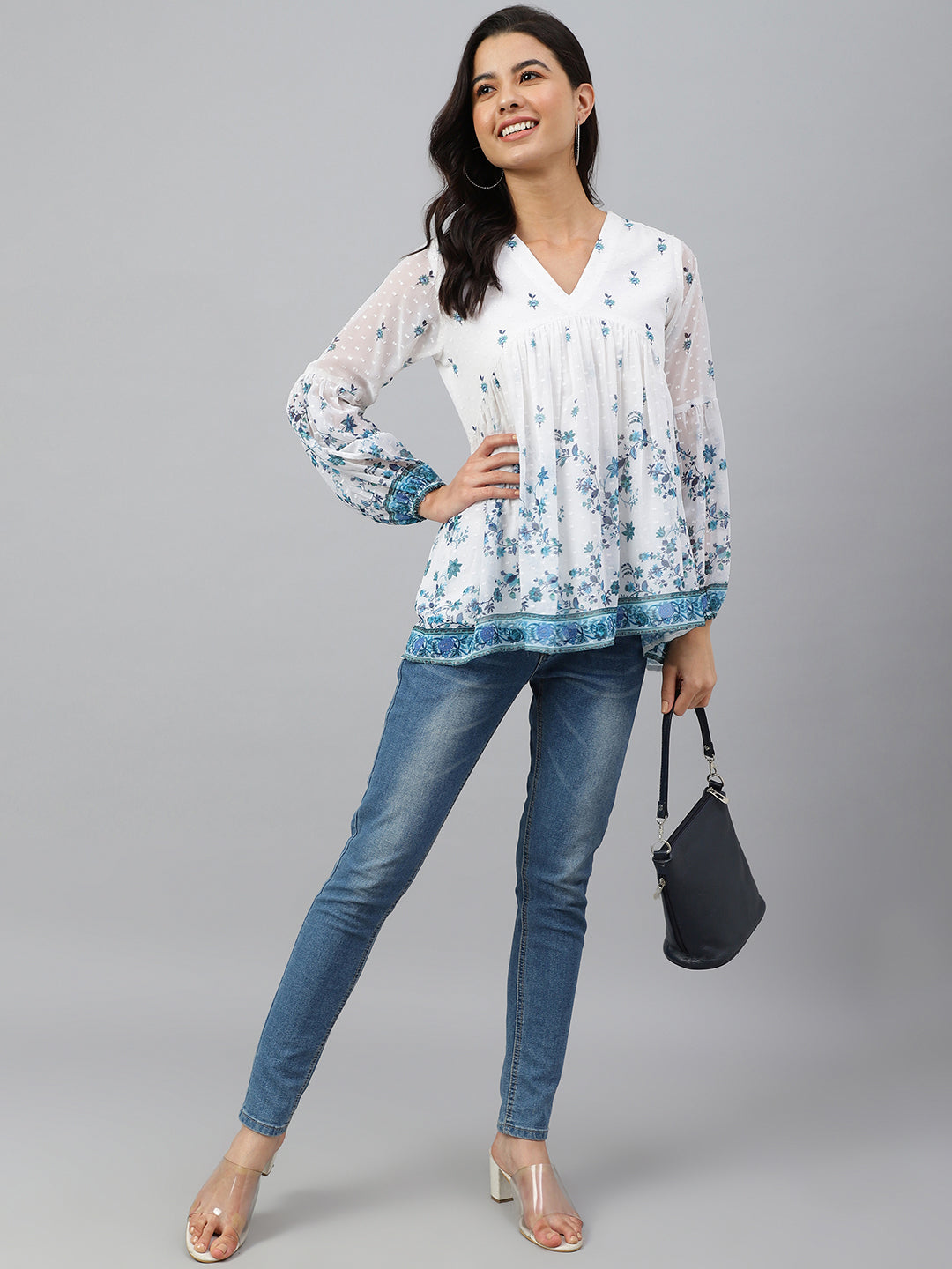 Women's Digital Print White Georgette Tops