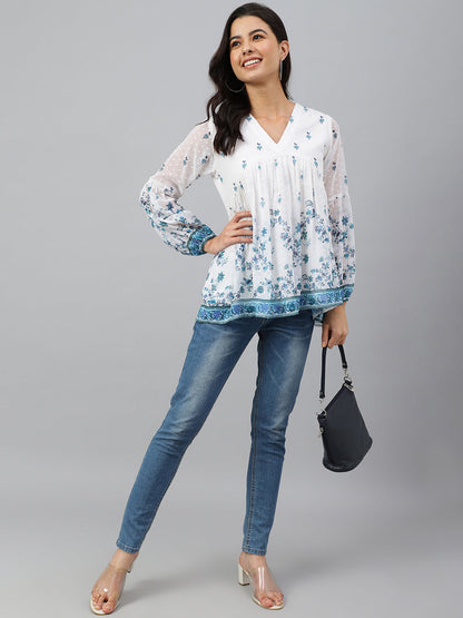 Women's Digital Print White Georgette Tops