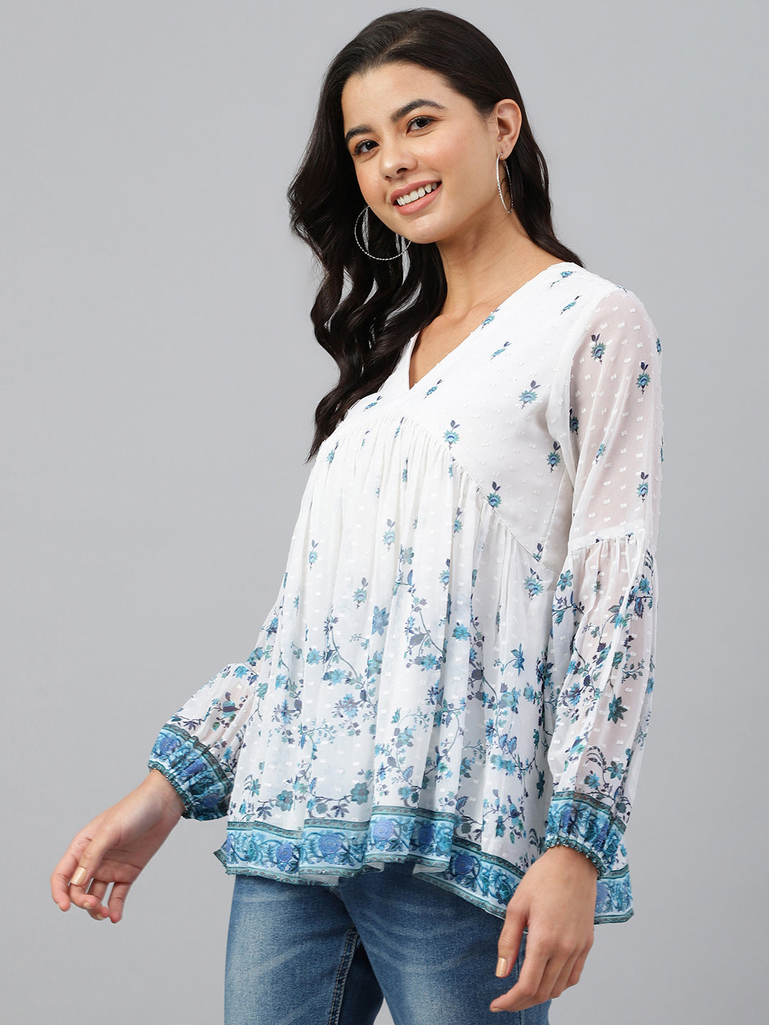 Women's Digital Print White Georgette Tops