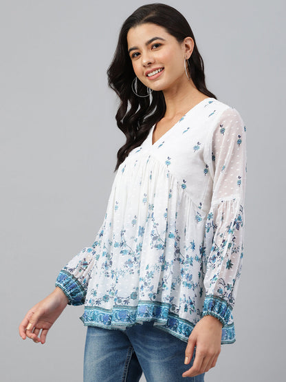 Women's Digital Print White Georgette Tops
