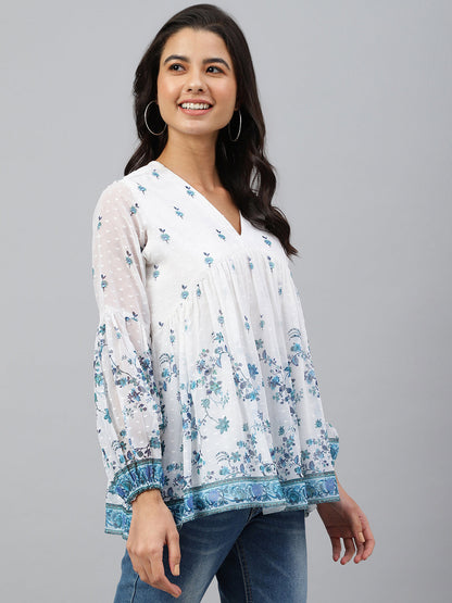 Women's Digital Print White Georgette Tops