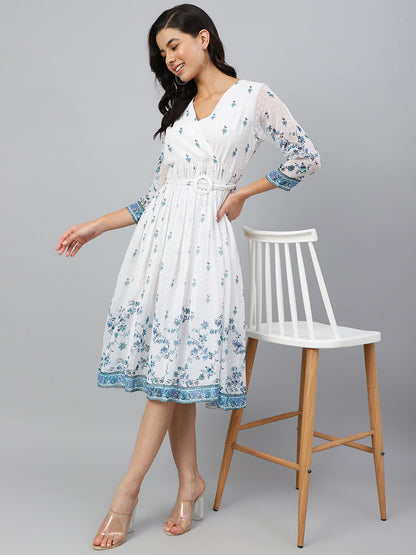 Women's Digital Printed White Georgette Dress