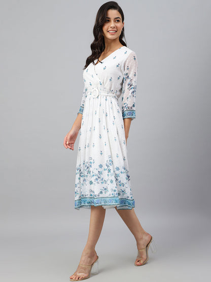 Women's Digital Printed White Georgette Dress