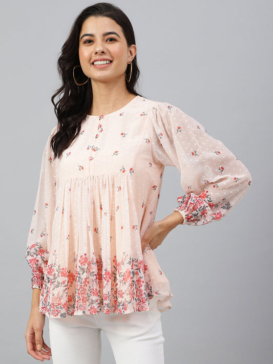 Women's Floral Print Peach Georgette Tops